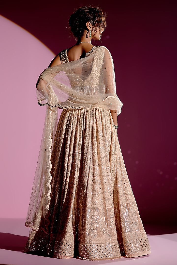 Sunvillea Cream Shimmer Chiffon Chikankari Bridal Lehenga Set by Monika Nidhee at Pernia's Pop Up Shop