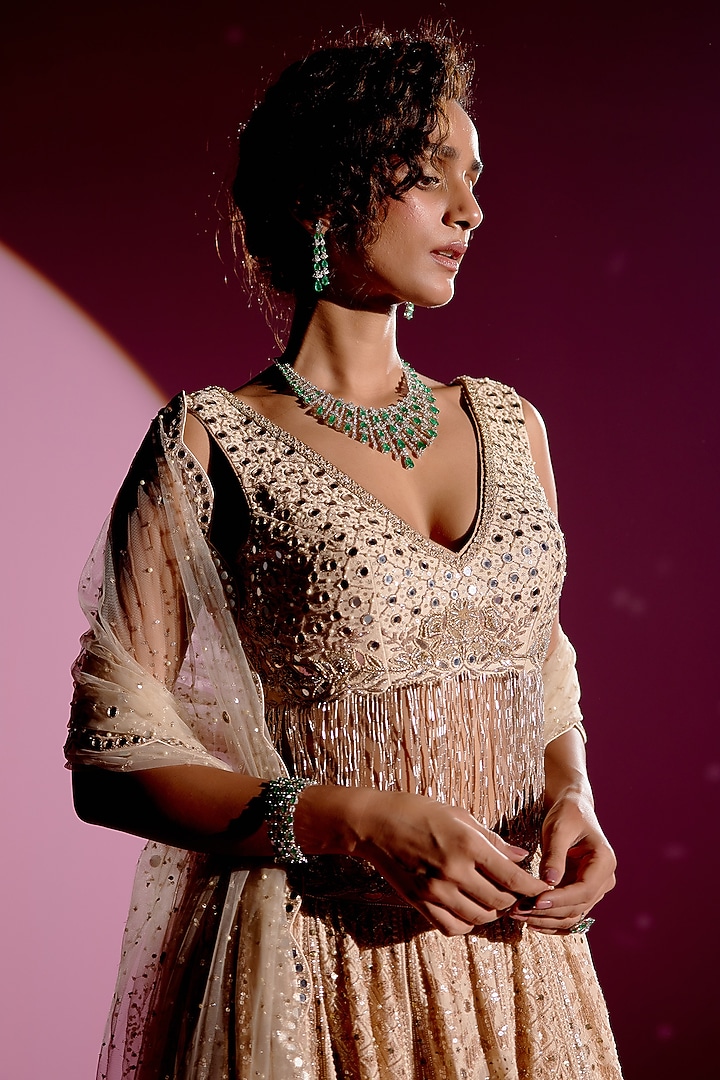 Sunvillea Cream Shimmer Chiffon Chikankari Bridal Lehenga Set by Monika Nidhee at Pernia's Pop Up Shop