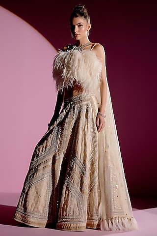Champagne Shimmer Chiffon Aari Hand Embroidered Jacket Lehenga Set by Monika Nidhee