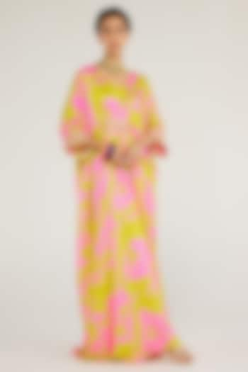 Pink & Yellow Shimmer Chiffon Aari Hand Embroidered Kaftan by Monika Nidhee at Pernia's Pop Up Shop