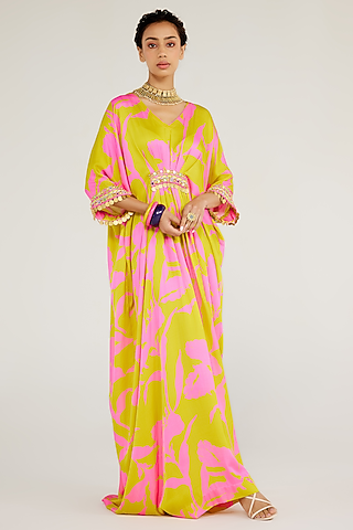 Pink & Yellow Shimmer Chiffon Aari Hand Embroidered Kaftan by Monika Nidhee