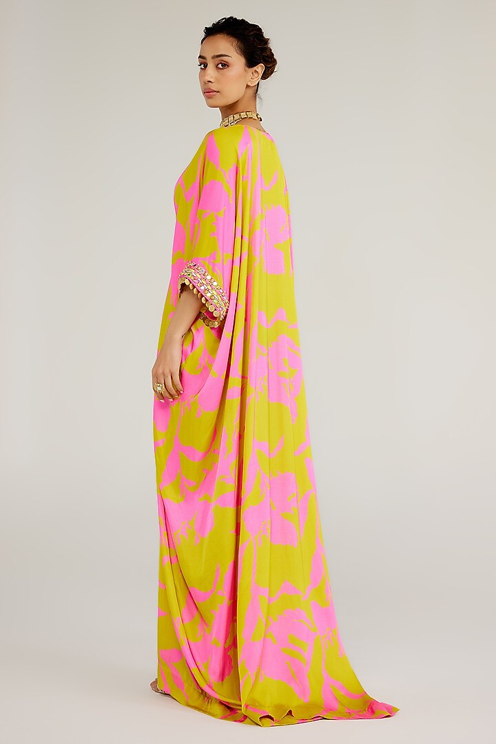 Pink & Yellow Shimmer Chiffon Aari Hand Embroidered Kaftan by Monika Nidhee at Pernia's Pop Up Shop