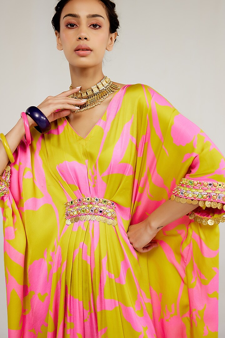 Pink & Yellow Shimmer Chiffon Aari Hand Embroidered Kaftan by Monika Nidhee at Pernia's Pop Up Shop