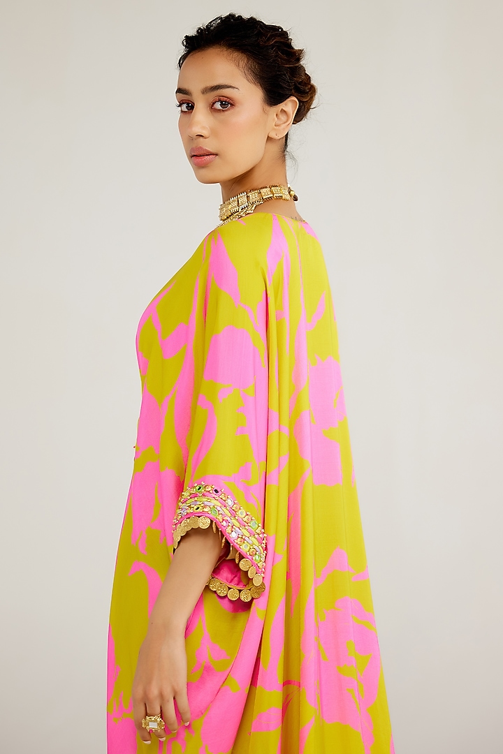 Pink & Yellow Shimmer Chiffon Aari Hand Embroidered Kaftan by Monika Nidhee at Pernia's Pop Up Shop