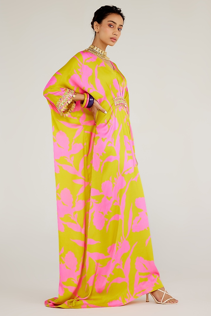 Pink & Yellow Shimmer Chiffon Aari Hand Embroidered Kaftan by Monika Nidhee at Pernia's Pop Up Shop