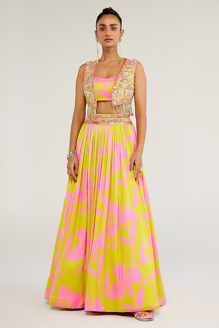 Pink & Yellow Shimmer Chiffon Embroidered Jacket Wedding Lehenga Set by Monika Nidhee at Pernia's Pop Up Shop