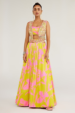 Pink & Yellow Shimmer Chiffon Embroidered Jacket Lehenga Set by Monika Nidhee