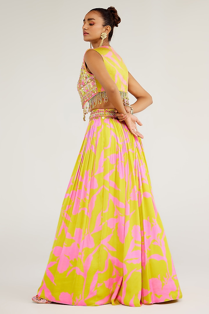 Pink & Yellow Shimmer Chiffon Embroidered Jacket Wedding Lehenga Set by Monika Nidhee at Pernia's Pop Up Shop
