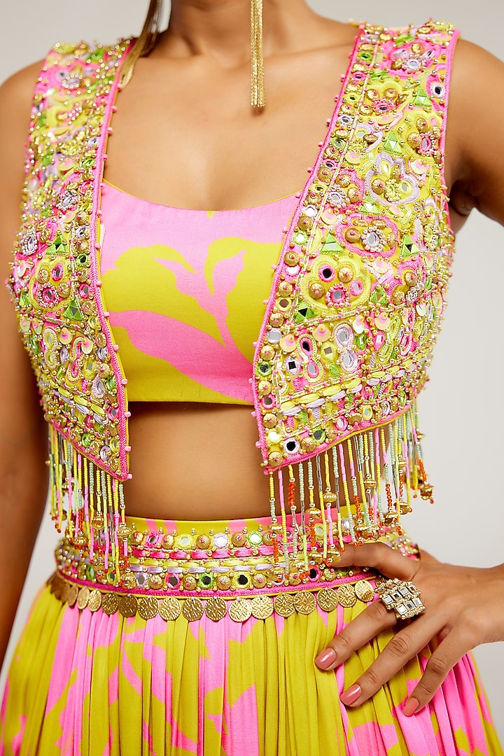 Pink & Yellow Shimmer Chiffon Embroidered Jacket Wedding Lehenga Set by Monika Nidhee at Pernia's Pop Up Shop