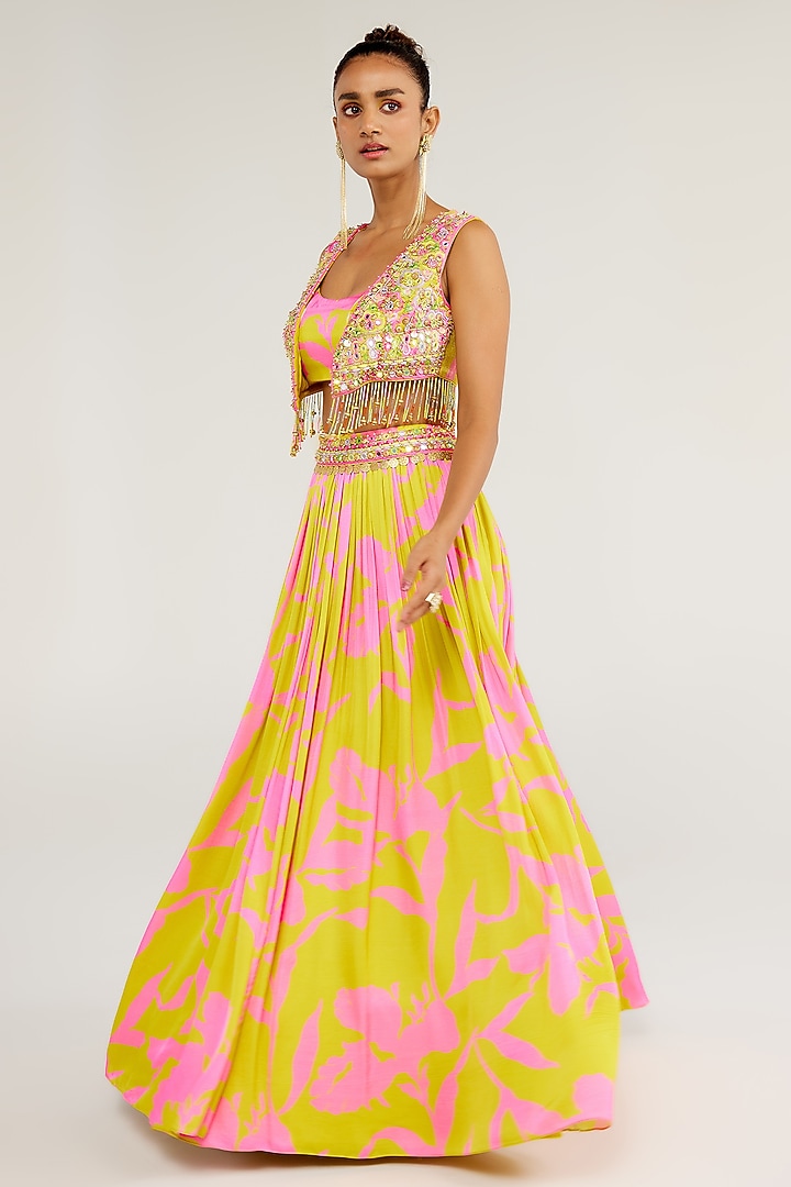 Pink & Yellow Shimmer Chiffon Embroidered Jacket Wedding Lehenga Set by Monika Nidhee at Pernia's Pop Up Shop