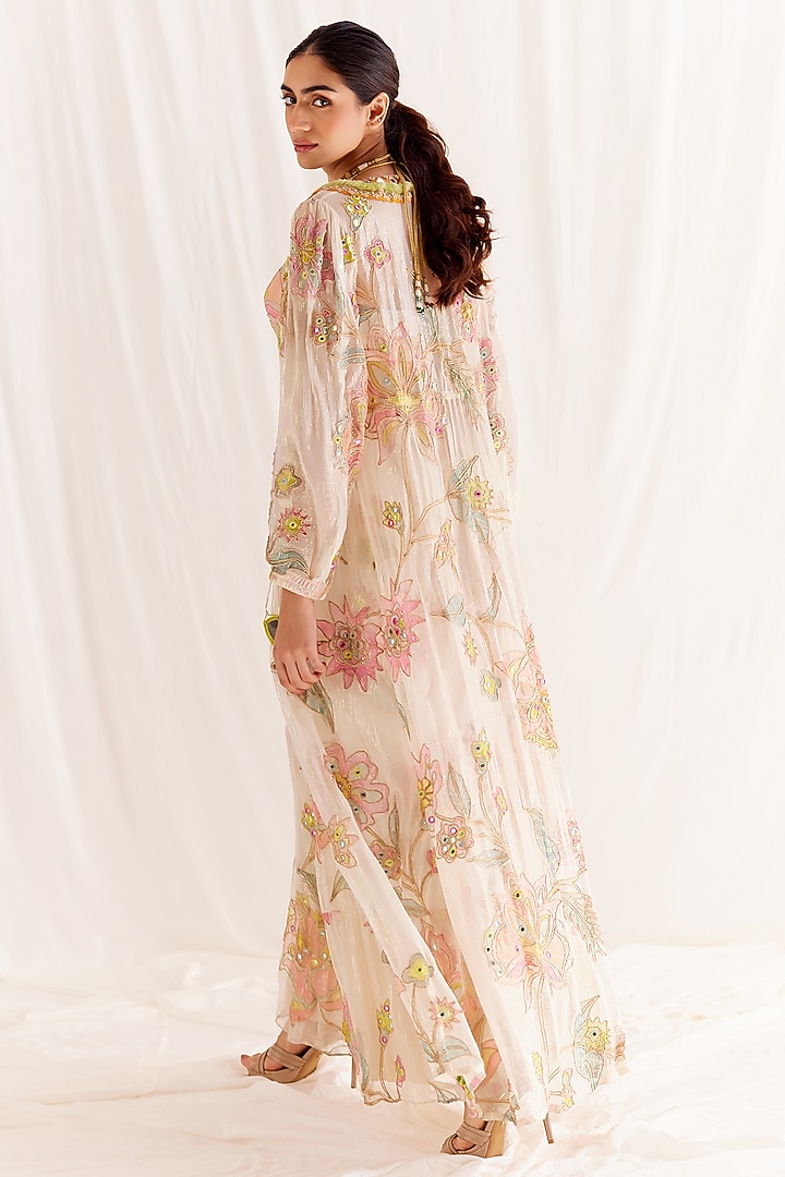 Ecru Shimmer Chiffon Zardosi Embroidered Cape Set by Monika Nidhee at Pernia's Pop Up Shop