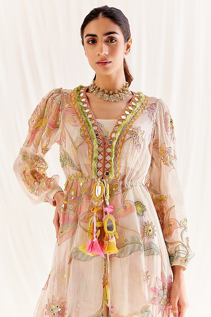 Ecru Shimmer Chiffon Zardosi Embroidered Cape Set by Monika Nidhee at Pernia's Pop Up Shop