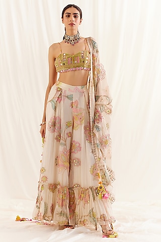 Ecru Shimmer Chiffon Pleated Printed Palazzo Pant Set by Monika Nidhee