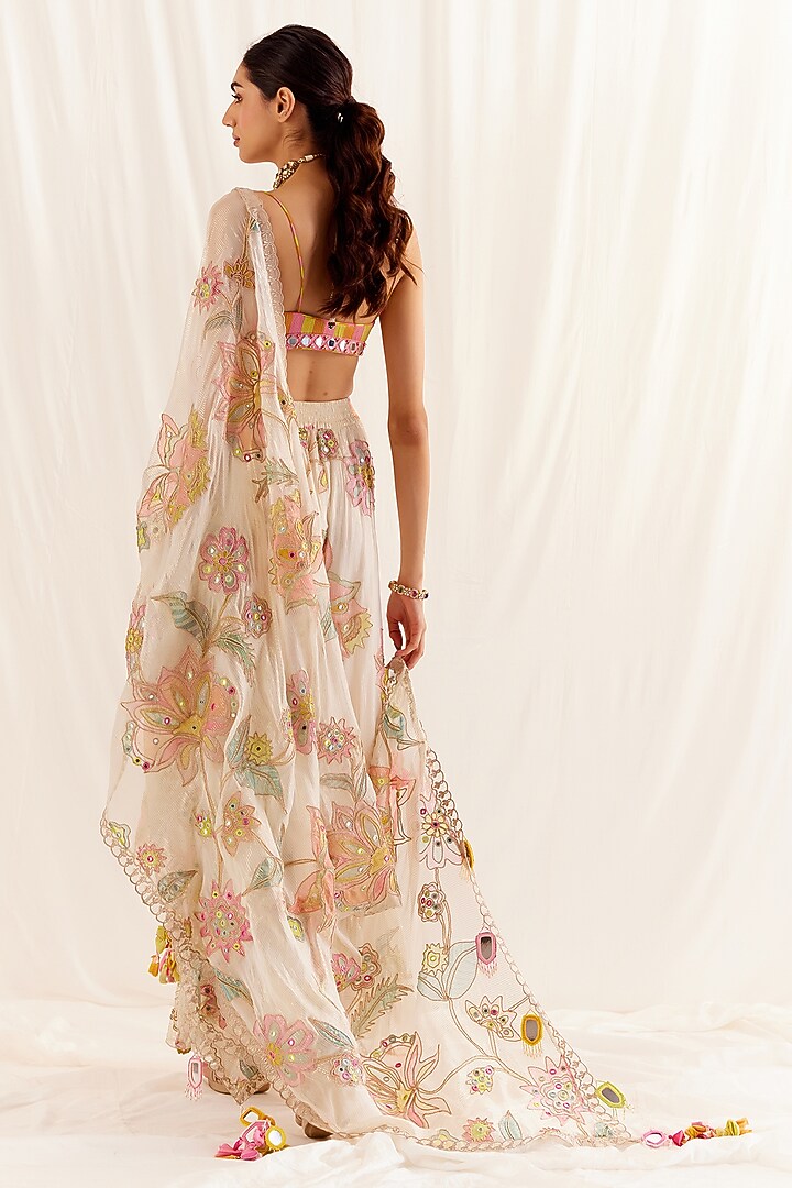 Ecru Shimmer Chiffon Pleated Printed Palazzo Pant Set by Monika Nidhee at Pernia's Pop Up Shop