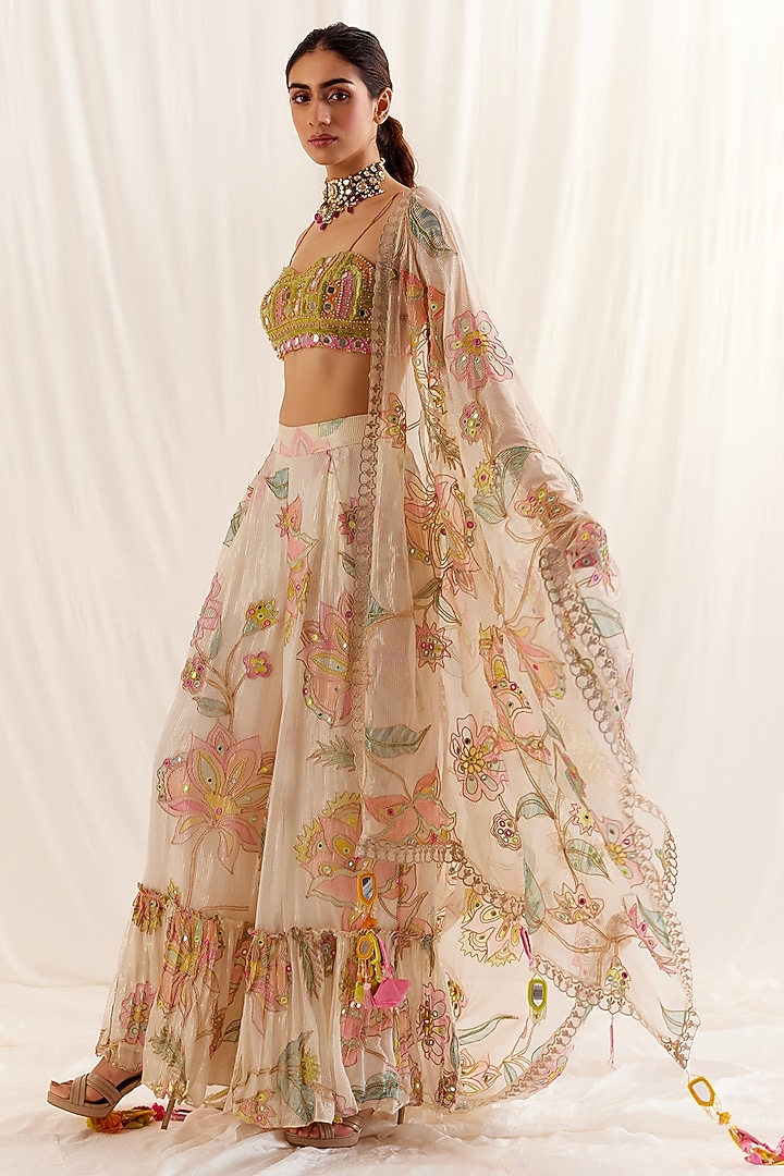 Ecru Shimmer Chiffon Pleated Printed Palazzo Pant Set by Monika Nidhee at Pernia's Pop Up Shop