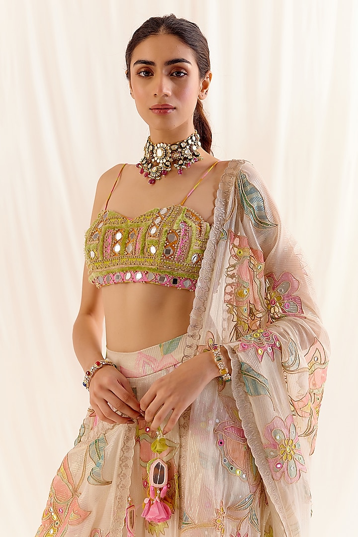Ecru Shimmer Chiffon Pleated Printed Palazzo Pant Set by Monika Nidhee at Pernia's Pop Up Shop