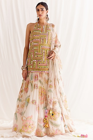 Ecru Shimmer Chiffon Printed Lehenga Set by Monika Nidhee