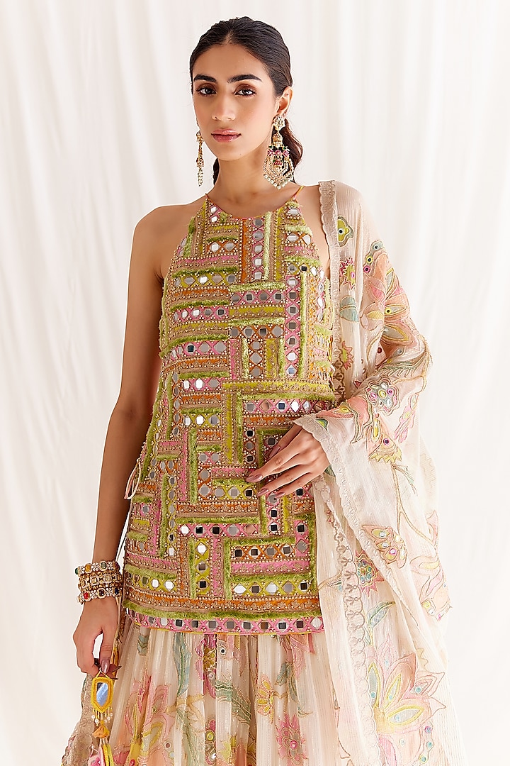 Ecru Shimmer Chiffon Printed Bridal Lehenga Set by Monika Nidhee at Pernia's Pop Up Shop