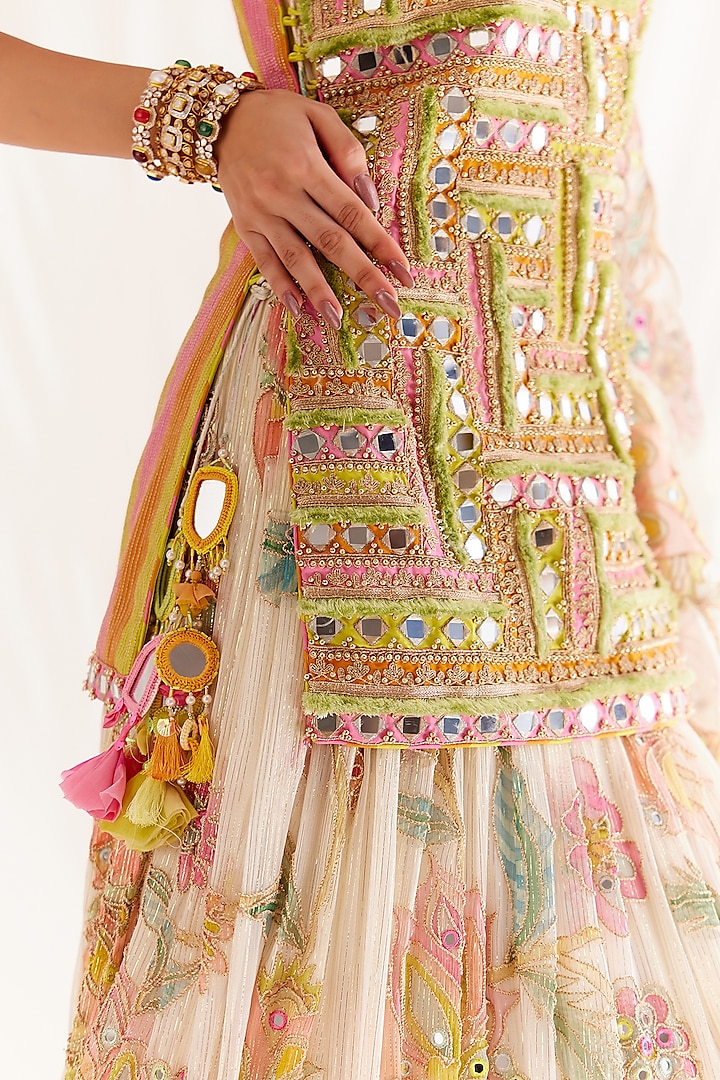 Ecru Shimmer Chiffon Printed Bridal Lehenga Set by Monika Nidhee at Pernia's Pop Up Shop