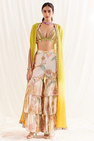 Ecru Shimmer Chiffon Printed Sharara Set by Monika Nidhee