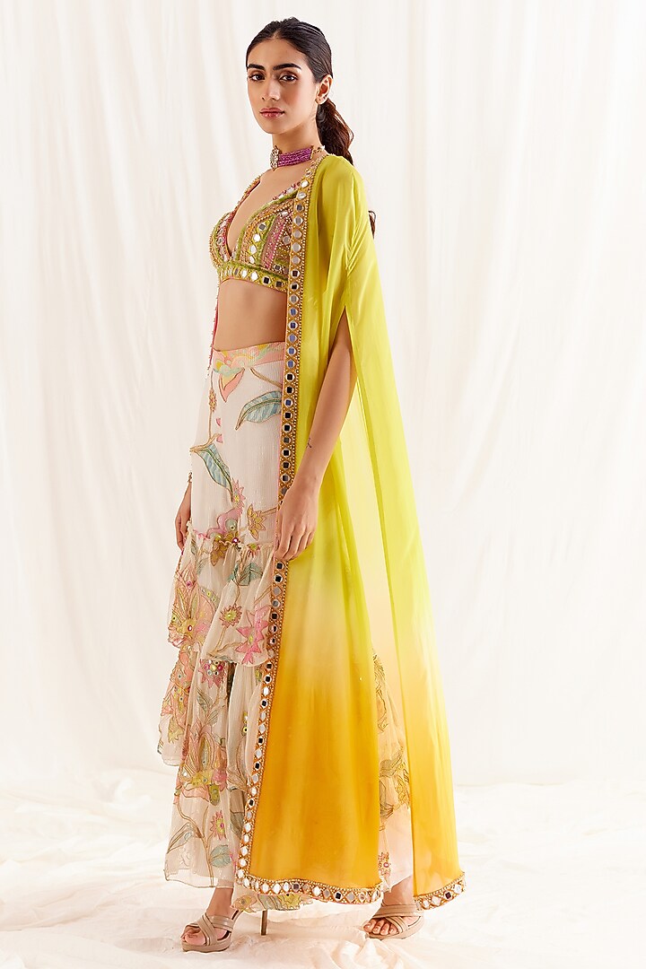 Ecru Shimmer Chiffon Printed Bridal Sharara Set by Monika Nidhee at Pernia's Pop Up Shop