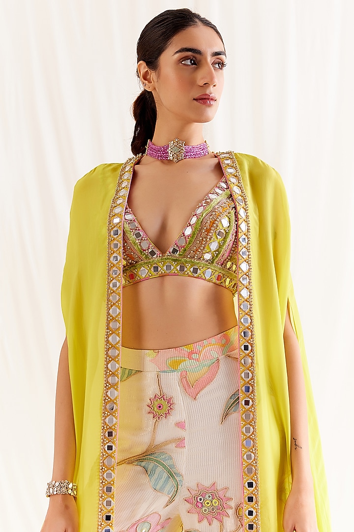 Ecru Shimmer Chiffon Printed Bridal Sharara Set by Monika Nidhee at Pernia's Pop Up Shop
