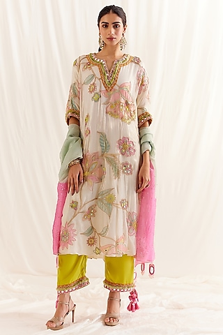 Ecru Shimmer Chiffon Floral Printed Kurta Set by Monika Nidhee