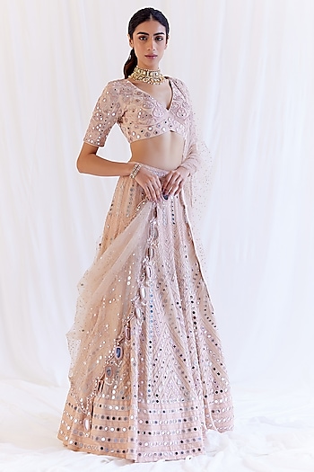 Powder Pink Organza Mirror Embroidered Bridal Lehenga Set by Monika Nidhee at Pernia's Pop Up Shop