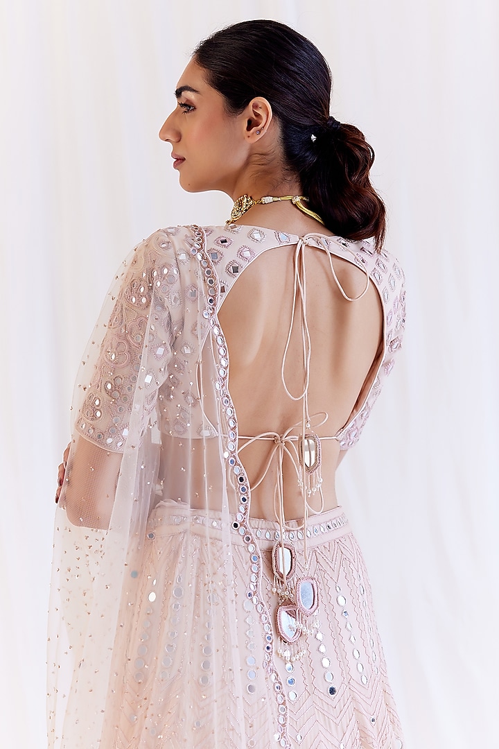 Powder Pink Organza Mirror Embroidered Bridal Lehenga Set by Monika Nidhee at Pernia's Pop Up Shop