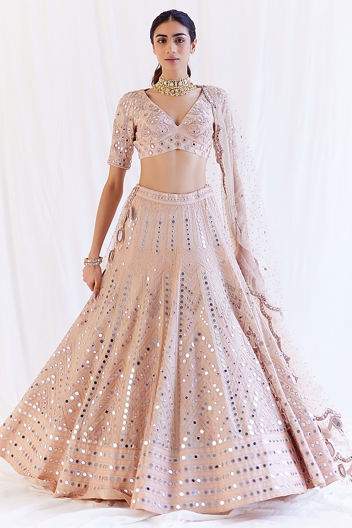Powder Pink Organza Mirror Embroidered Bridal Lehenga Set by Monika Nidhee at Pernia's Pop Up Shop