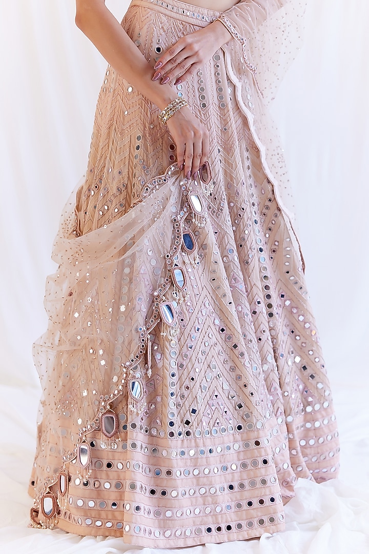 Powder Pink Organza Mirror Embroidered Bridal Lehenga Set by Monika Nidhee at Pernia's Pop Up Shop