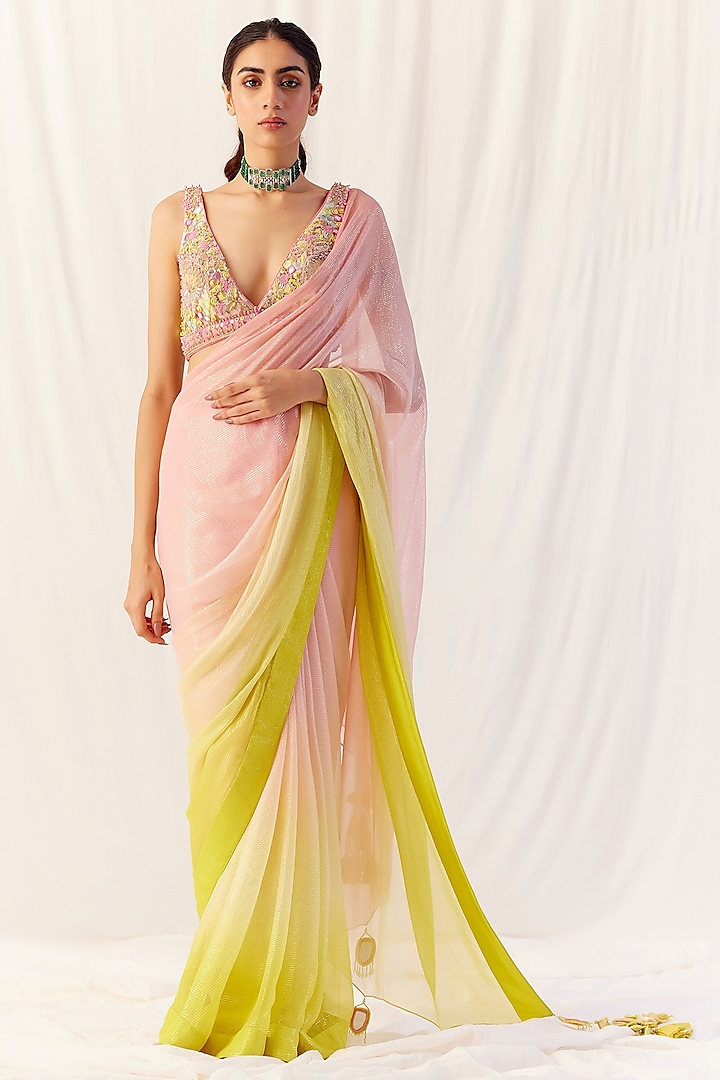 Pink & Yellow Ombre Shimmer Chiffon Saree Set by Monika Nidhii