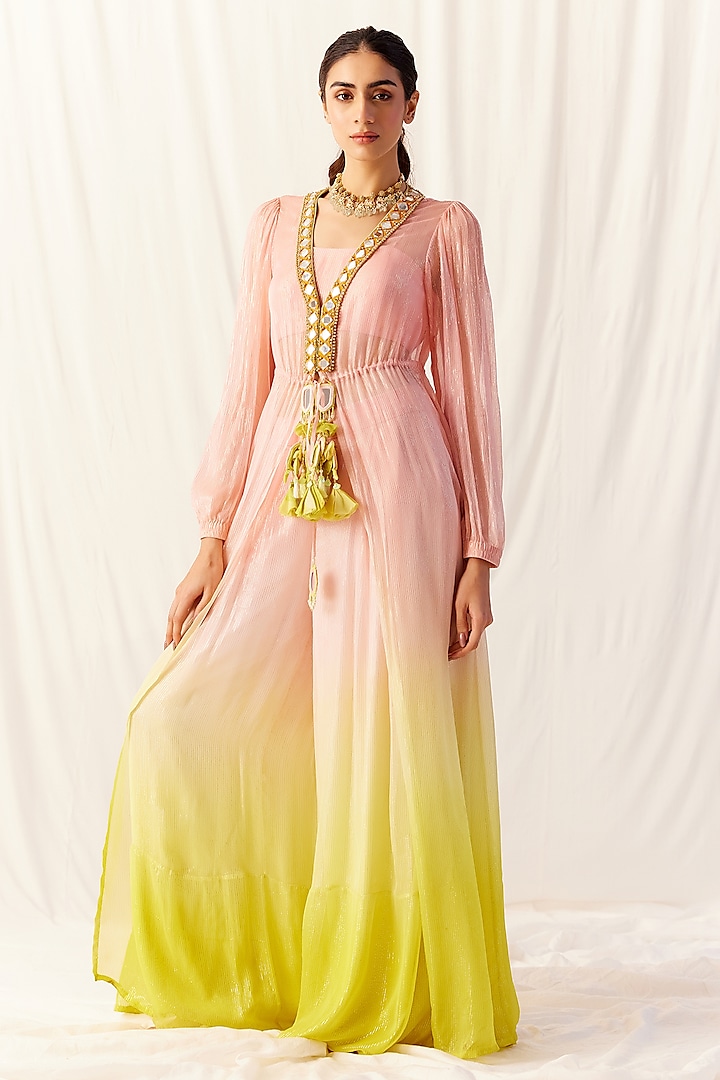 Pink & Yellow Ombre Shimmer Chiffon Mirror Embroidered Cape Set by Monika Nidhii