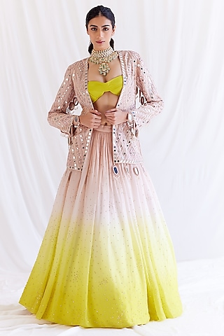 Pink & Yellow Ombre Shimmer Chiffon Sequins Embellished Jacket Lehenga Set by Monika Nidhee