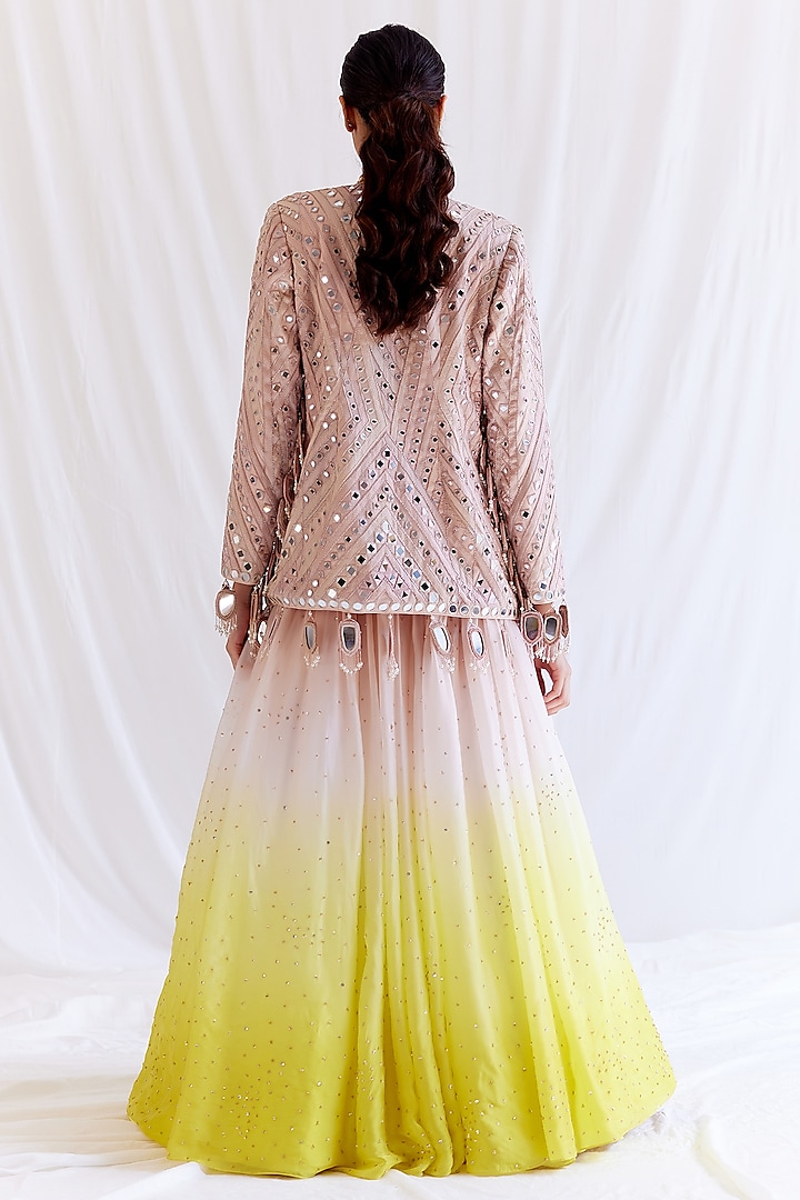 Pink & Yellow Ombre Shimmer Chiffon Sequins Embellished Jacket Bridal Lehenga Set by Monika Nidhee at Pernia's Pop Up Shop