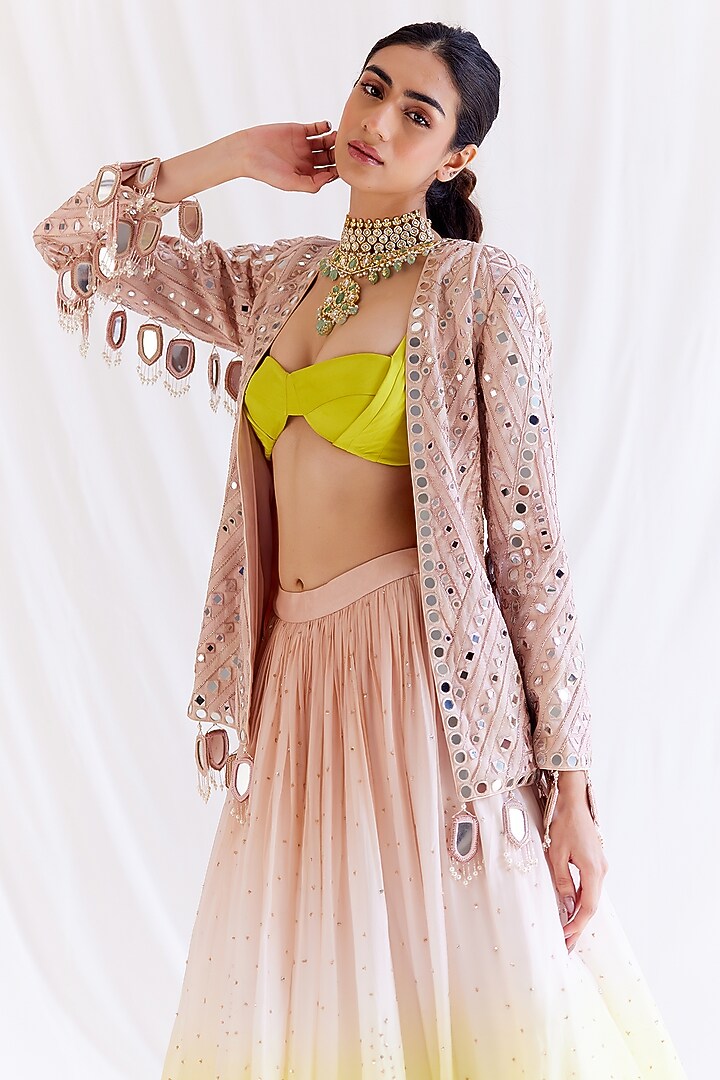 Pink & Yellow Ombre Shimmer Chiffon Sequins Embellished Jacket Bridal Lehenga Set by Monika Nidhee at Pernia's Pop Up Shop