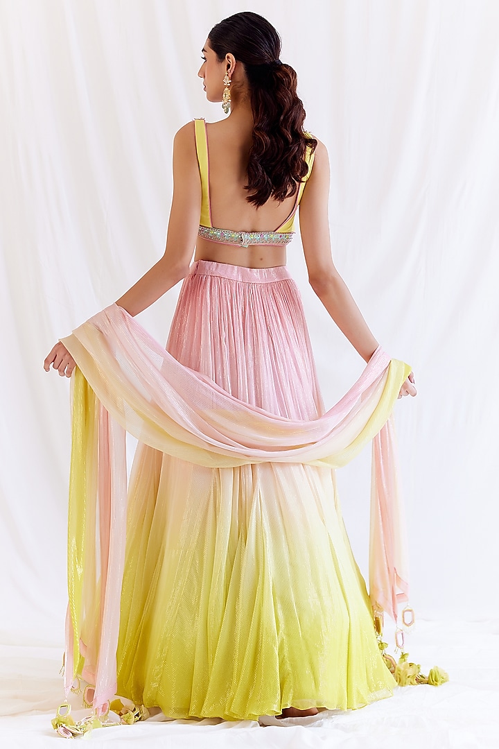 Pink & Yellow Ombre Shimmer Chiffon Wedding Lehenga Set by Monika Nidhee at Pernia's Pop Up Shop