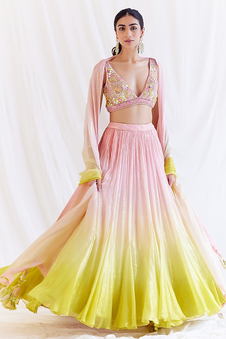 Pink & Yellow Ombre Shimmer Chiffon Wedding Lehenga Set by Monika Nidhee at Pernia's Pop Up Shop