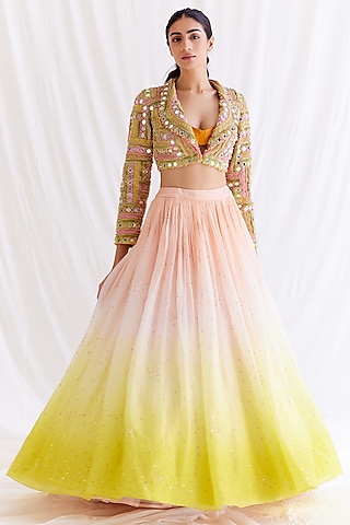 Pink & Yellow Ombre Organza Sequins Embellished Lehenga Set by Monika Nidhee