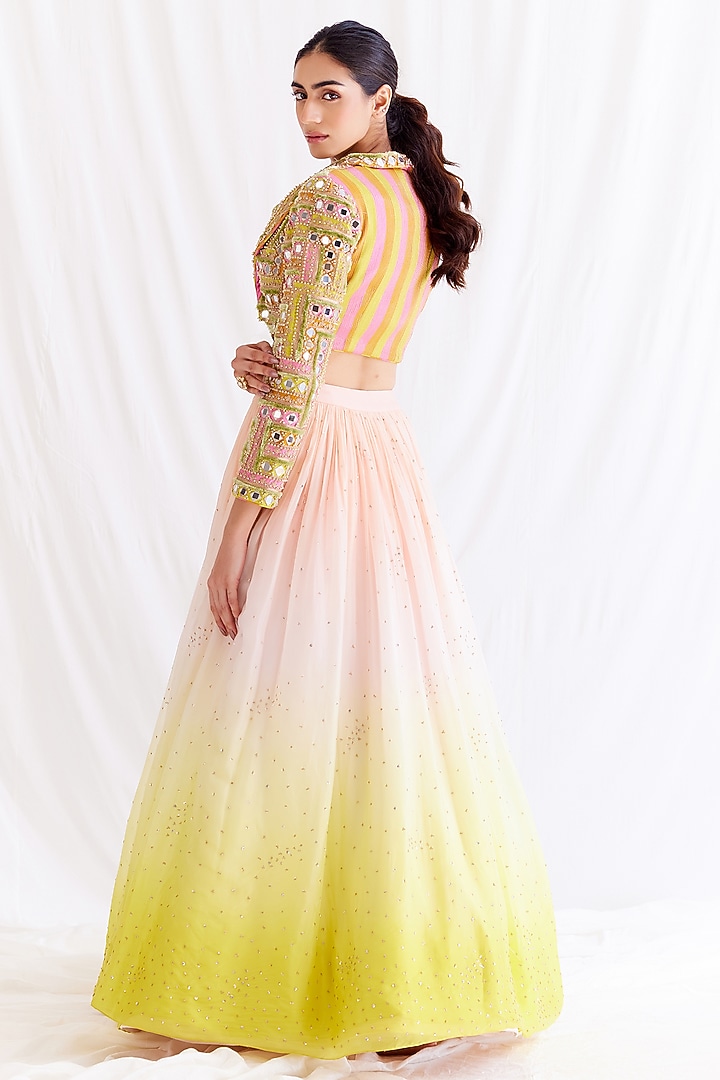 Pink & Yellow Ombre Organza Sequins Embellished Bridal Lehenga Set by Monika Nidhee at Pernia's Pop Up Shop