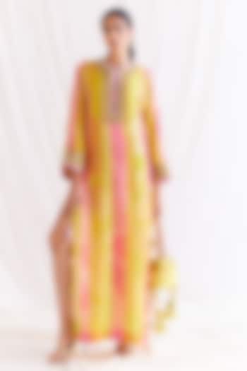 Multi-Colored Organza Mirror Embroidered Slit Maxi Dress by Monika Nidhii