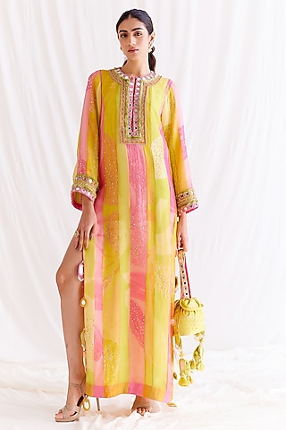 Multi-Colored Organza Mirror Embroidered Slit Maxi Dress by Monika Nidhee