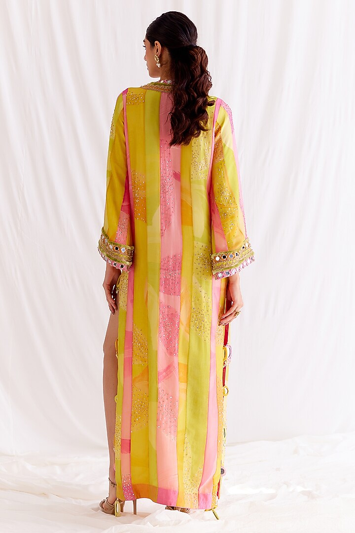 Multi-Colored Organza Mirror Embroidered Slit Maxi Party Wear Dress by Monika Nidhee at Pernia's Pop Up Shop