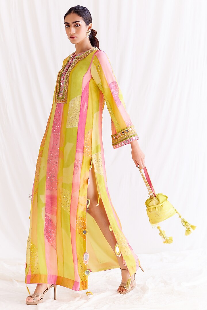 Multi-Colored Organza Mirror Embroidered Slit Maxi Party Wear Dress by Monika Nidhee at Pernia's Pop Up Shop