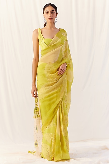 Sunvillea Cream Organza Floral Printed Wedding Saree Set by Monika Nidhee at Pernia's Pop Up Shop