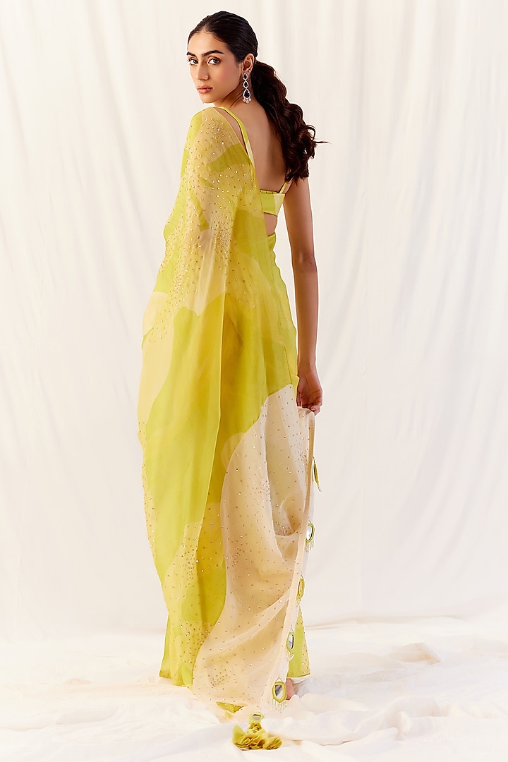 Sunvillea Cream Organza Floral Printed Wedding Saree Set by Monika Nidhee at Pernia's Pop Up Shop
