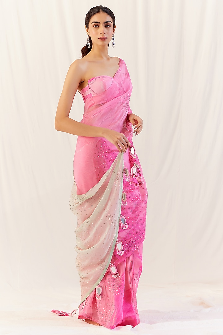 Pink Organza Floral Printed Saree Set by Monika Nidhii