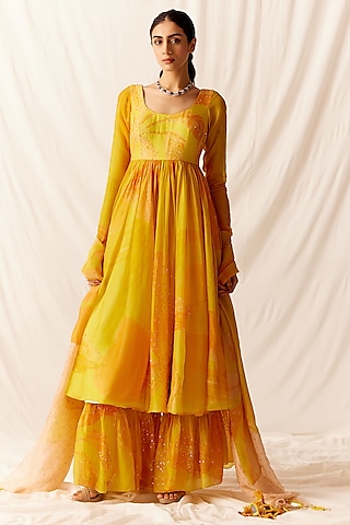 Orange Organza Floral Anarkali Set by Monika Nidhee