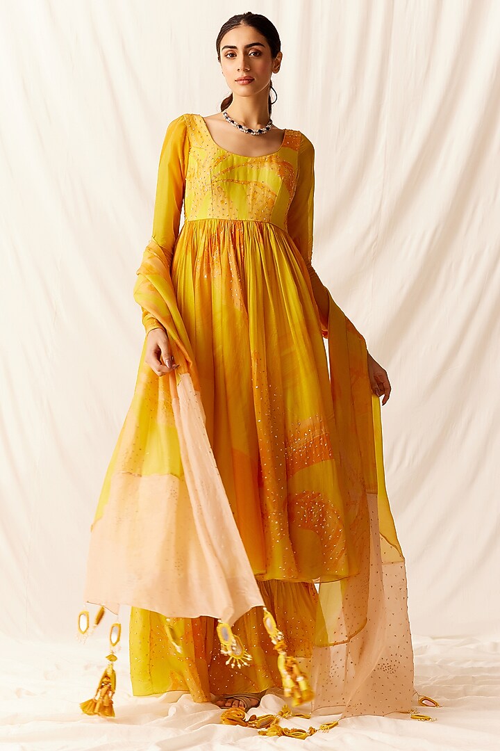 Orange Organza Floral Wedding Anarkali Set by Monika Nidhee at Pernia's Pop Up Shop