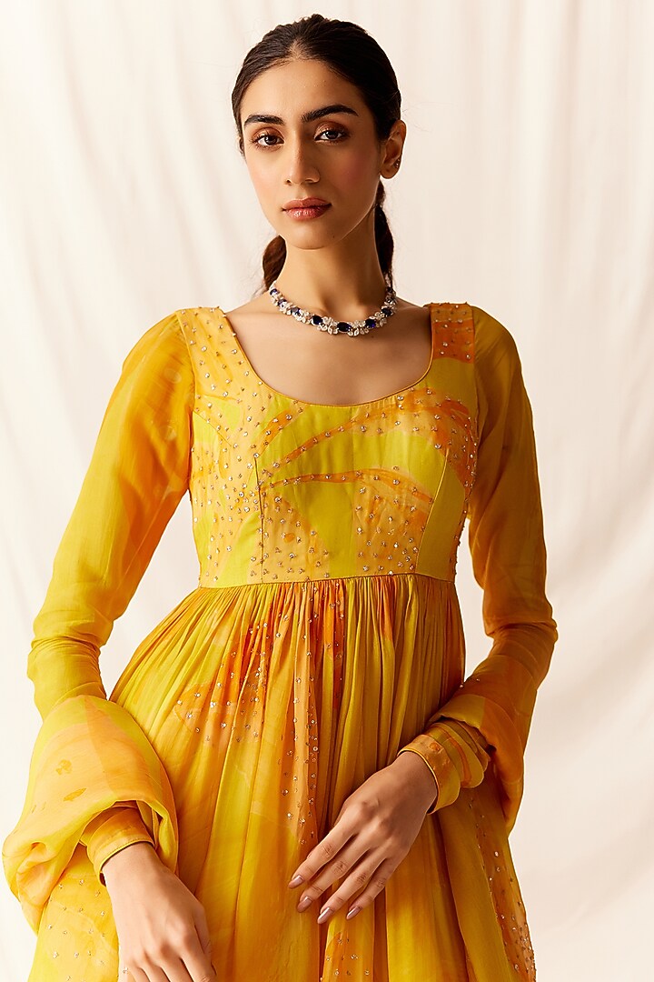 Orange Organza Floral Wedding Anarkali Set by Monika Nidhee at Pernia's Pop Up Shop